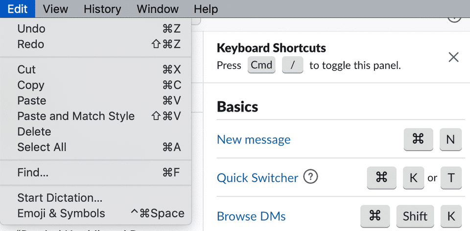 Left: a linear menu with keyboard shortcuts. Right: a panel displaying the available keyboard shortcuts 